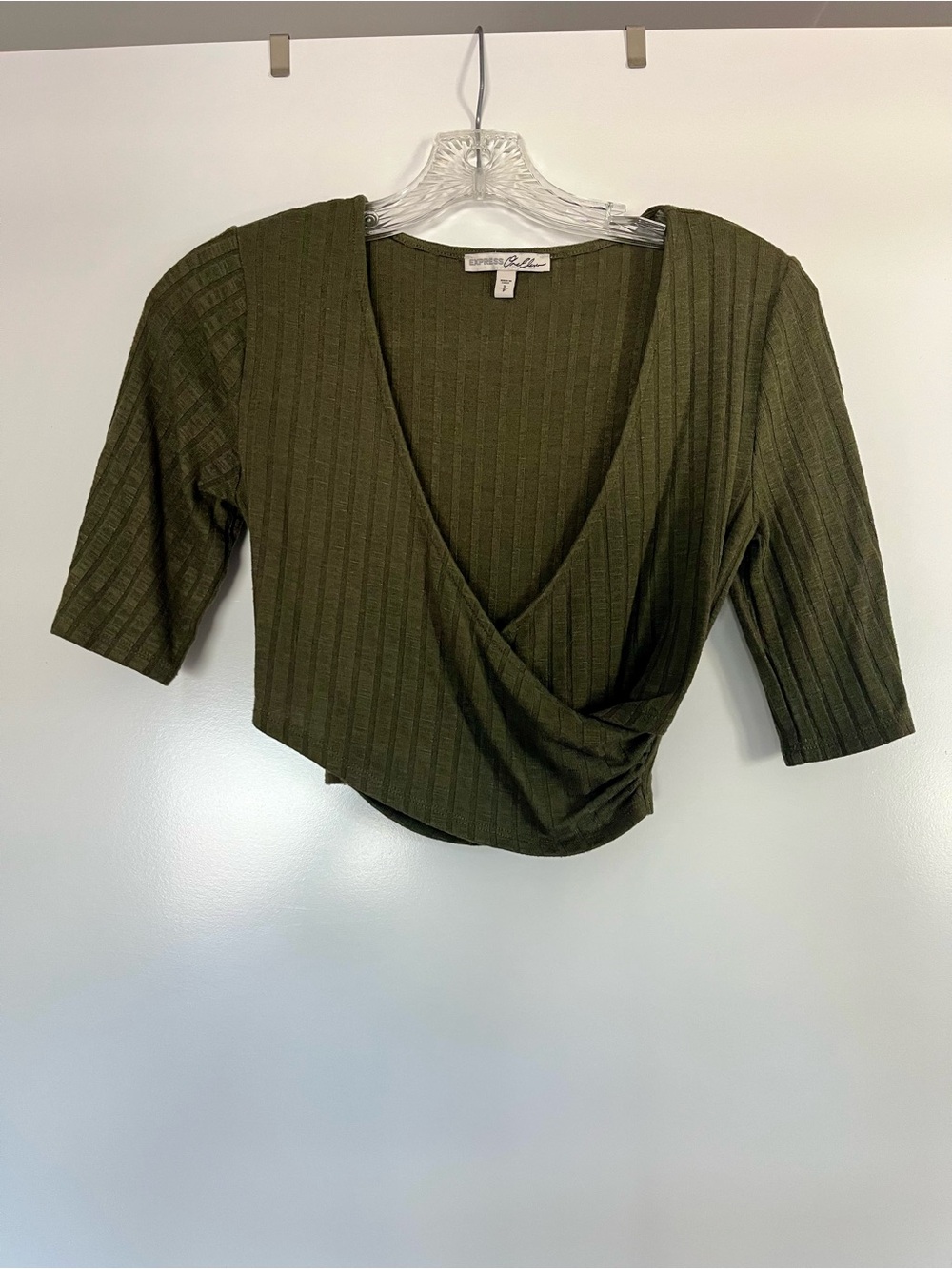 Express Olive Green Ribbed Wrap Crop Top